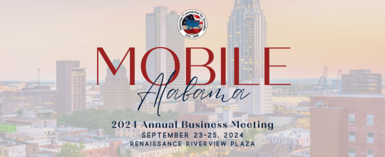 Downtown Mobile Alabama with text reading 2024 Annual Business Meeting Mobile September 23-25